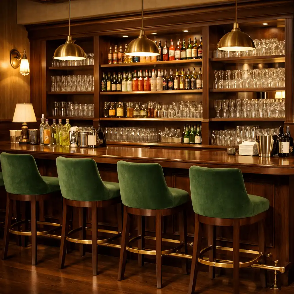 Widok na część barową restauracji z ladą z ciemnego drewna i wysokimi stołkami