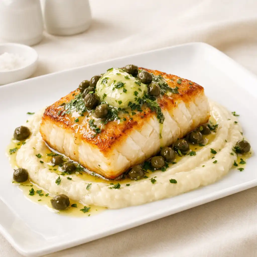 Pieczony halibut na puree z kalafiora z masłem ziołowym i kaparami