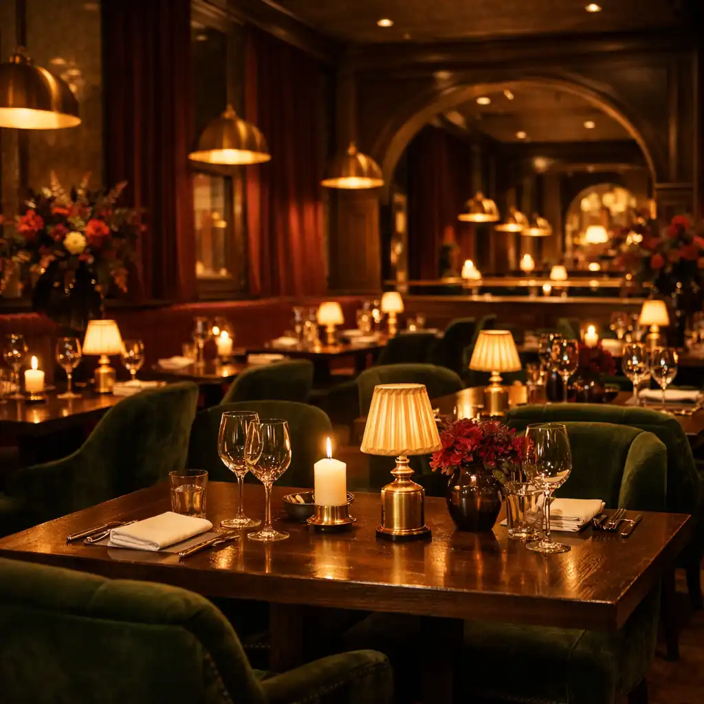 Eleganckie wnętrze restauracji Restaur Zelix z ciemnozielonymi aksamitnymi krzesłami, stolikami z ciemnego drewna i mosiężnymi lampami, oświetlone ciepłym światłem świec