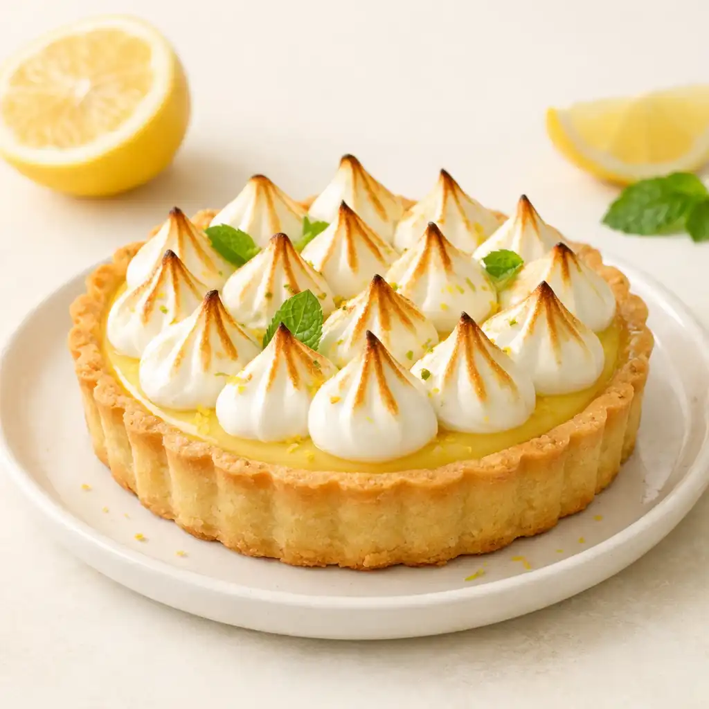 Tarta cytrynowa z paloną bezą na białym talerzu