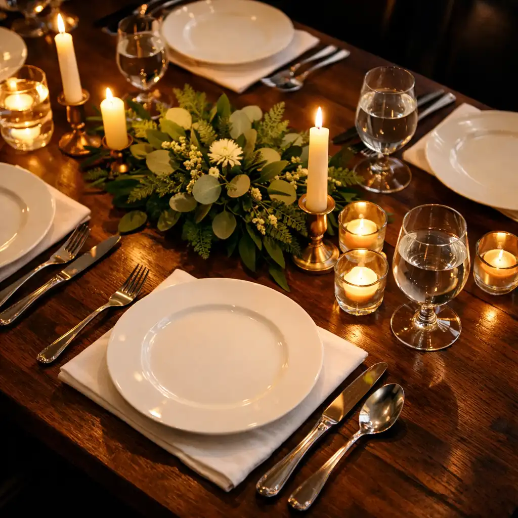 Elegancko nakryty stół w restauracji Restaur Zelix, widok z góry, ciepłe światło świec, białe talerze i sztućce, bez alkoholu