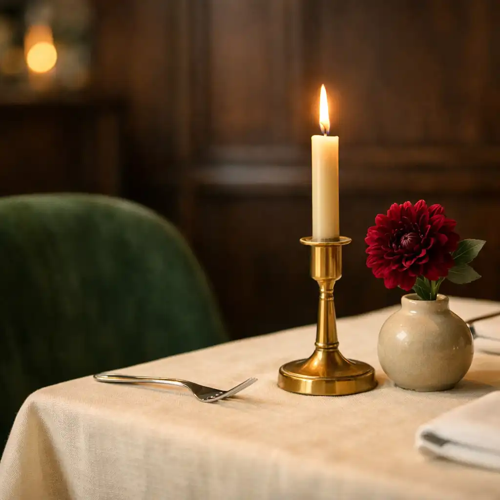 Detal wnętrza restauracji: stolik z lnianym obrusem, zielone krzesło i mosiężny świecznik