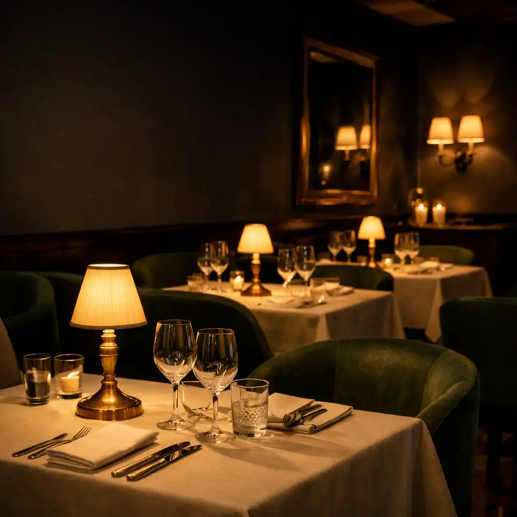 Elegancka sala restauracyjna wieczorem z ciepłym światłem lamp nad nakrytymi stołami
