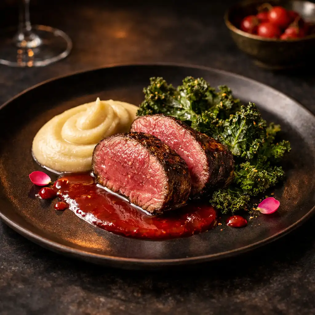 Comber z jelenia sous-vide z sosem z dzikiej róży, puree z topinamburu i chipsami z jarmużu